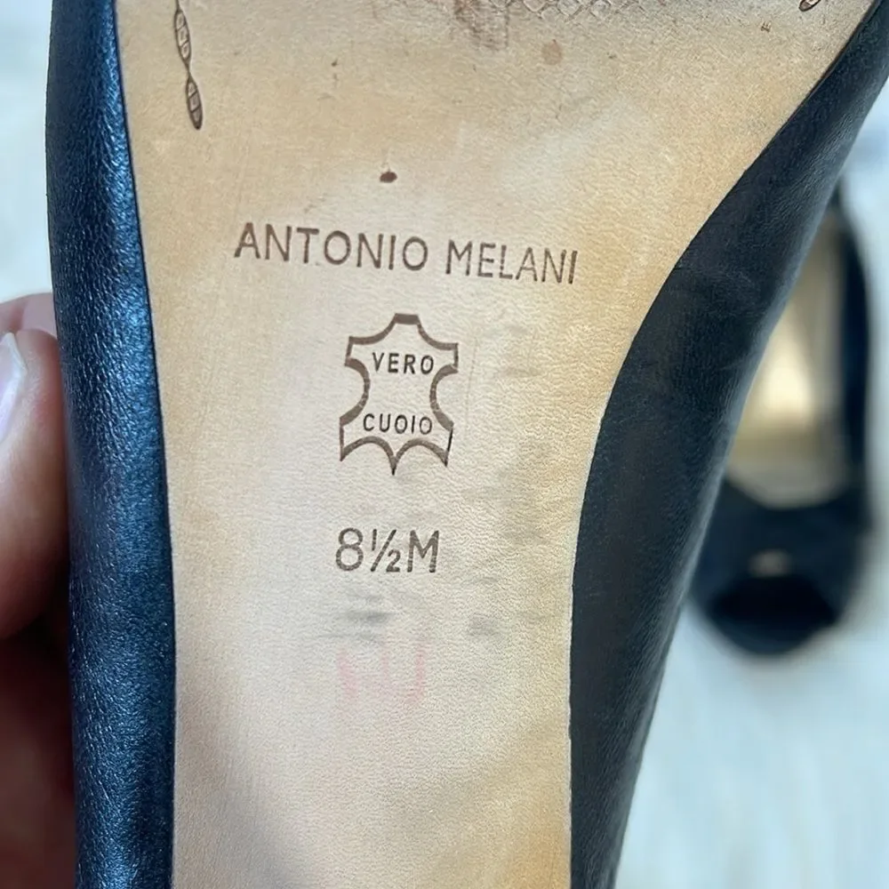 Antonio Milani Black Leather Platform Slingback‎ Peep Toe Heels Sz 8.5